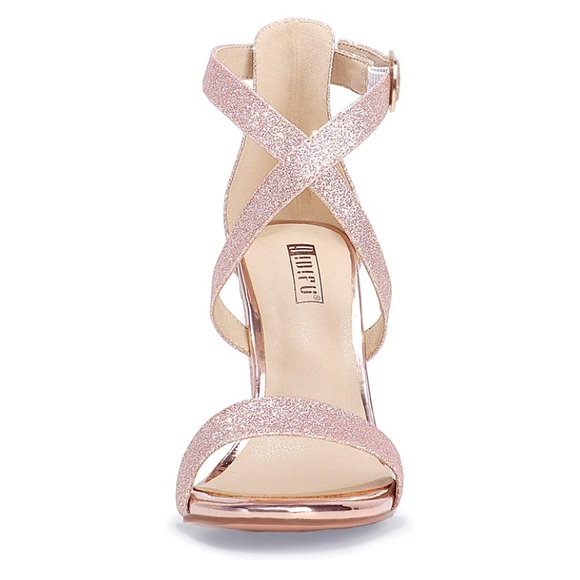 Chunky High Heel Sandal Strappy Open Toe Ankle Strap Rose Gold Shiny - Picture 4 of 5